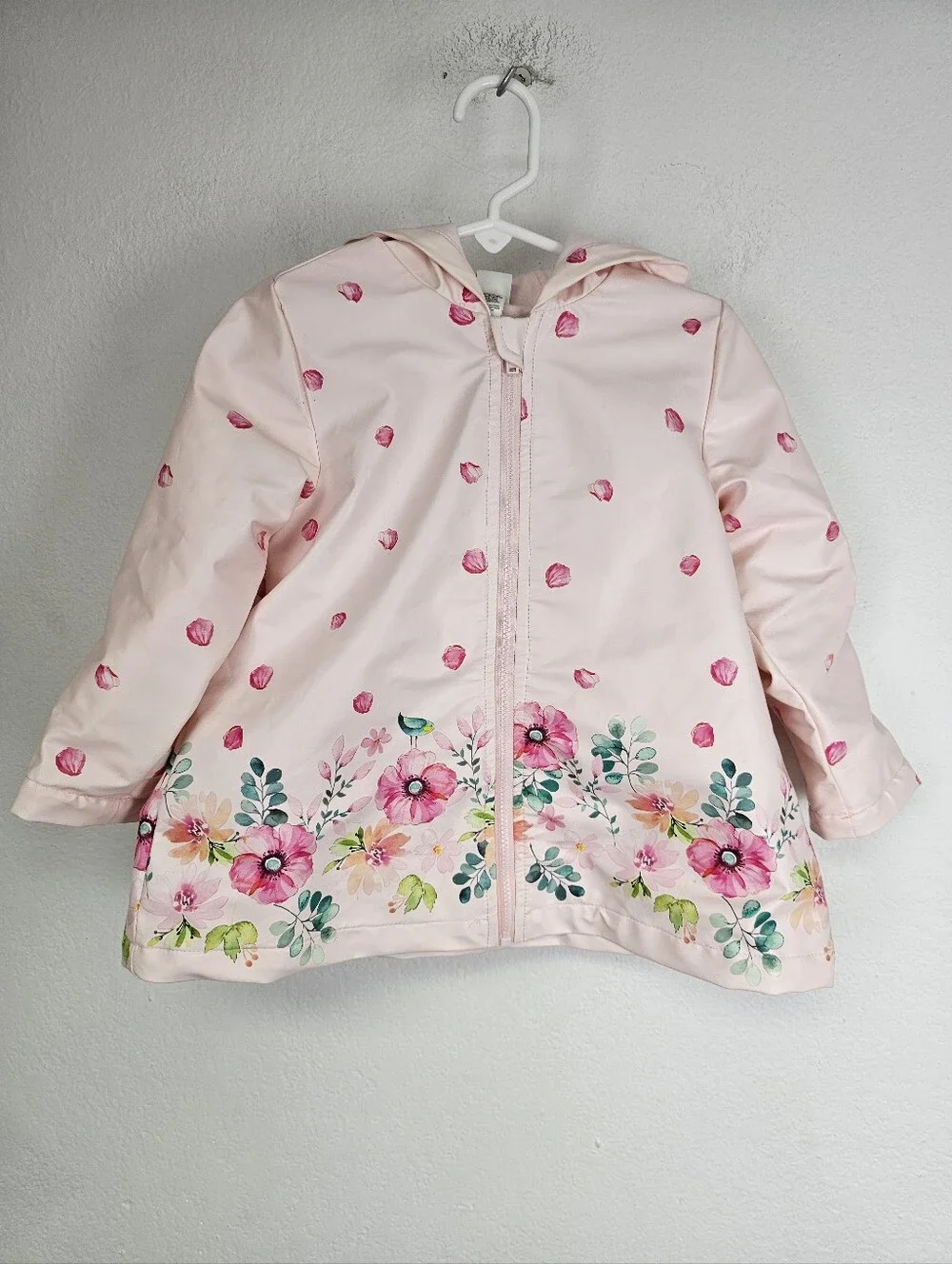 Girls' Pink Floral Hooded Rain Jacket Slicker Zip Front Sz 24 Months